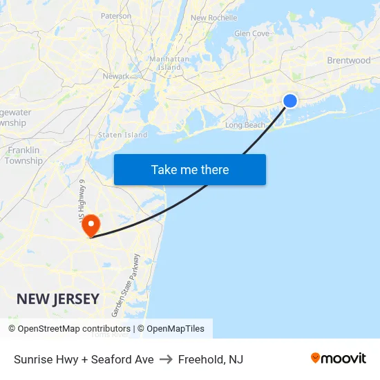Sunrise Hwy + Seaford Ave to Freehold, NJ map