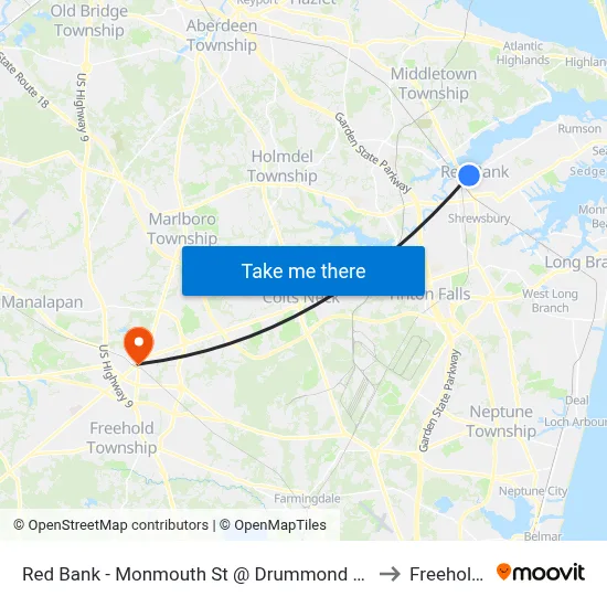 Red Bank - Monmouth St @ Drummond Pl (Southbound) to Freehold, NJ map