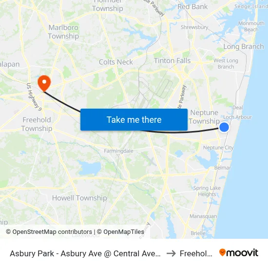 Asbury Park - Asbury Ave @ Central Ave (Northbound) to Freehold, NJ map