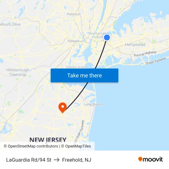 LaGuardia Rd/94 St to Freehold, NJ map