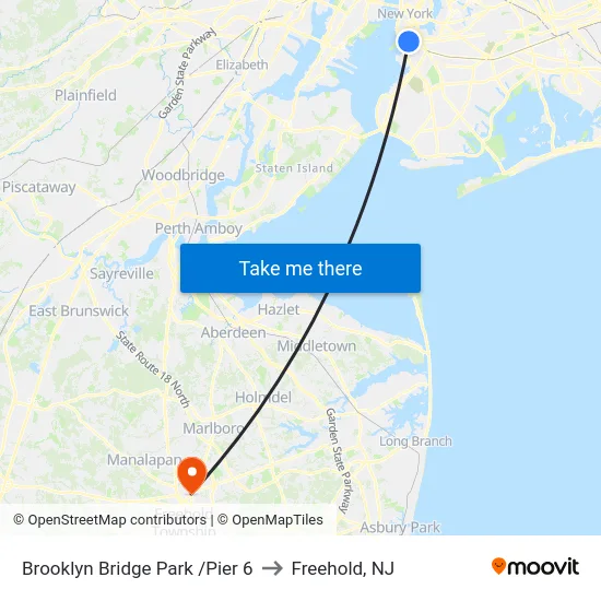 Brooklyn Bridge Park /Pier 6 to Freehold, NJ map