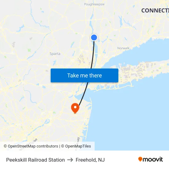 Peekskill Railroad Station to Freehold, NJ map