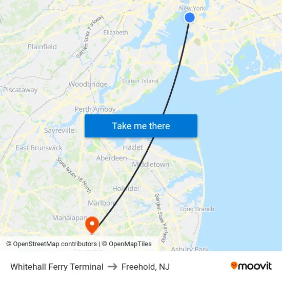 Whitehall Ferry Terminal to Freehold, NJ map