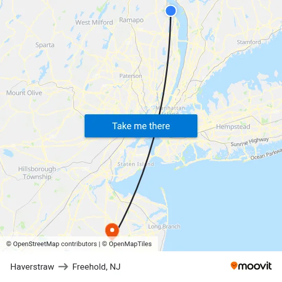 Haverstraw to Freehold, NJ map