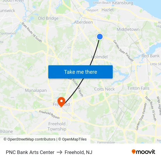 PNC Bank Arts Center to Freehold, NJ map