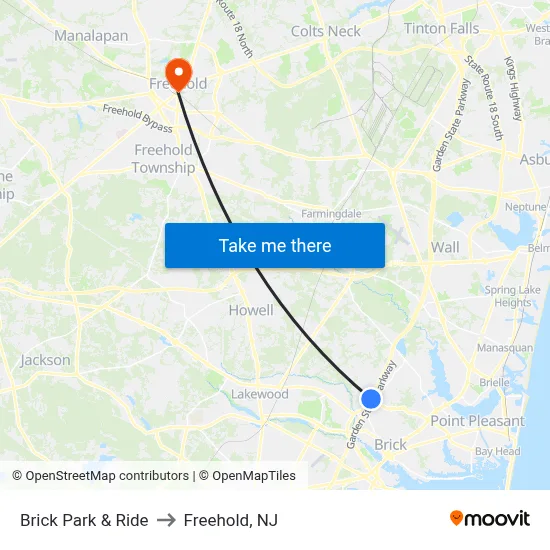 Brick Park & Ride to Freehold, NJ map