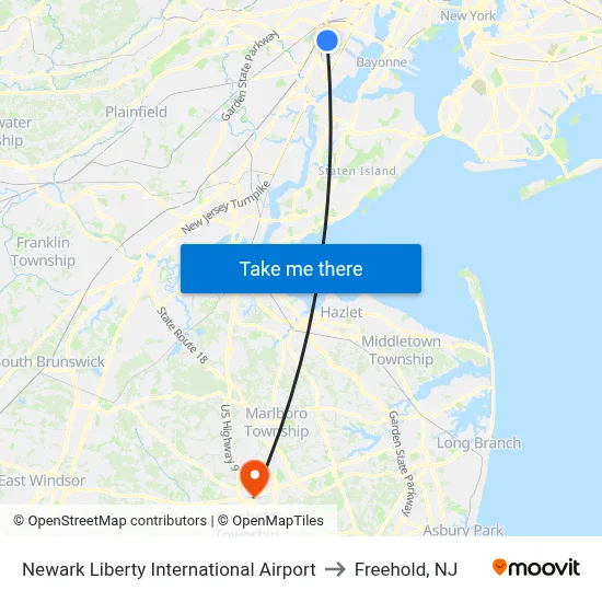 Newark Liberty International Airport to Freehold, NJ map