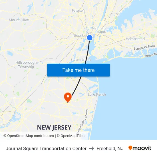 Journal Square Transportation Center to Freehold, NJ map