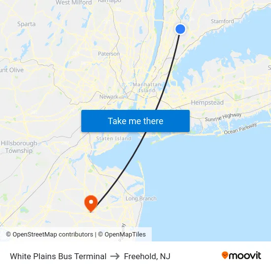 White Plains Bus Terminal to Freehold, NJ map
