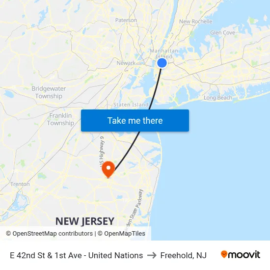 E 42nd St & 1st Ave - United Nations to Freehold, NJ map