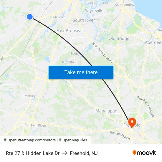 Rte 27 & Hidden Lake Dr to Freehold, NJ map