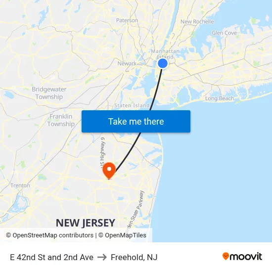 E 42nd St and 2nd Ave to Freehold, NJ map