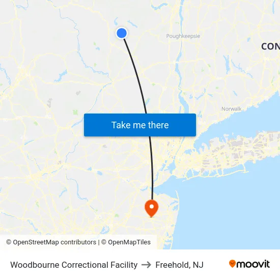 Woodbourne Correctional Facility to Freehold, NJ map