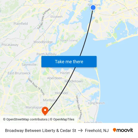 Broadway Between Liberty & Cedar St to Freehold, NJ map
