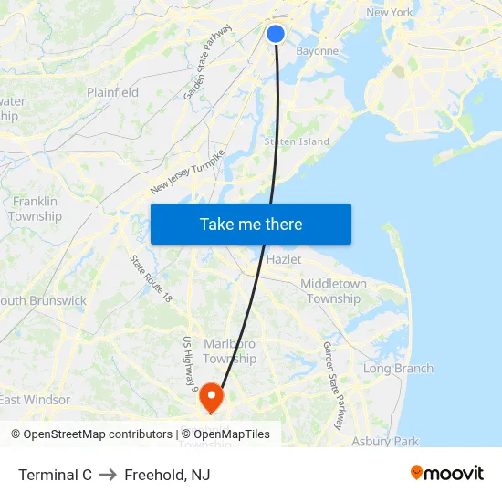 Terminal C to Freehold, NJ map