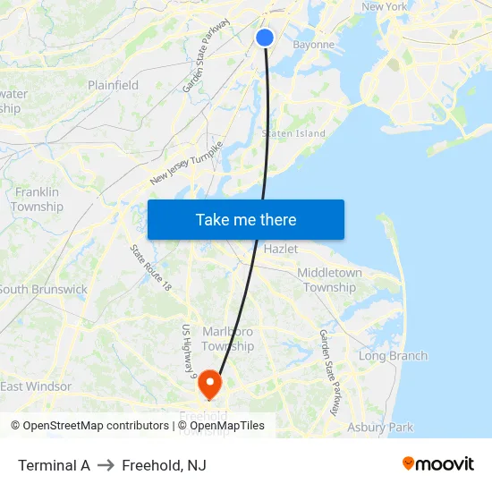Terminal A to Freehold, NJ map