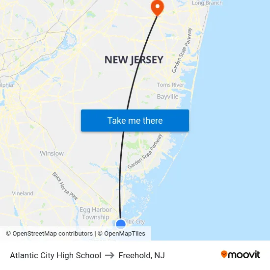 Atlantic City High School to Freehold, NJ map