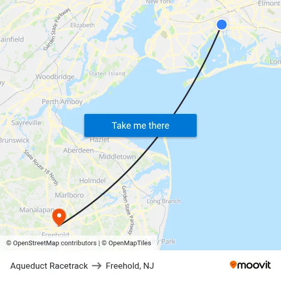 Aqueduct Racetrack to Freehold, NJ map