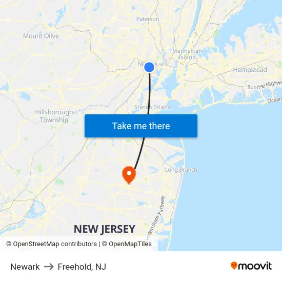 Newark to Freehold, NJ map