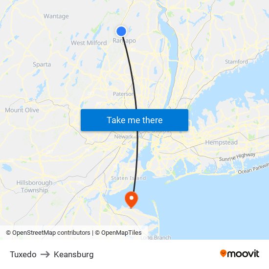 Tuxedo to Keansburg map