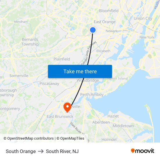 South Orange to South River, NJ map