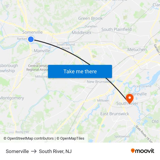 Somerville to South River, NJ map