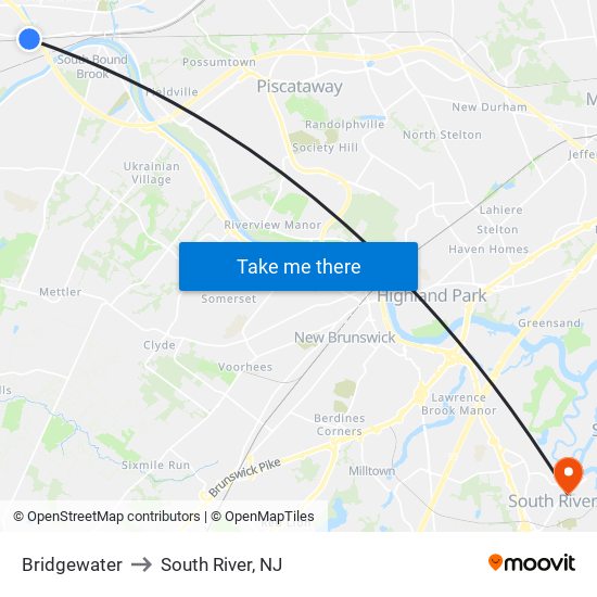 Bridgewater to South River, NJ map