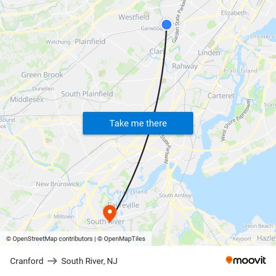 Cranford to South River, NJ map