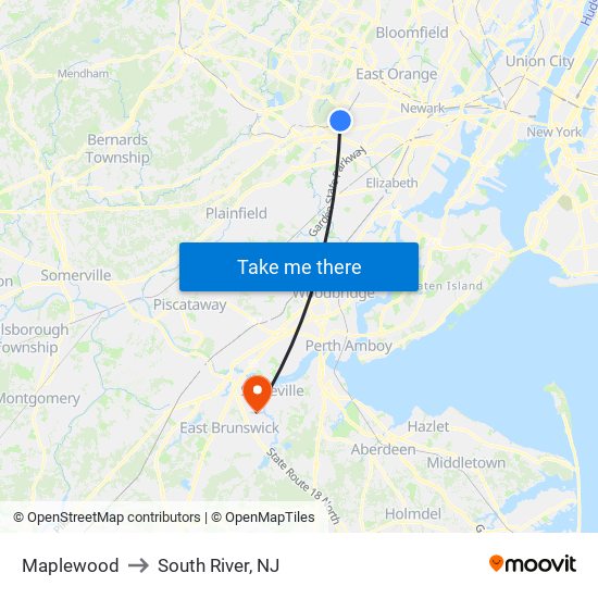 Maplewood to South River, NJ map