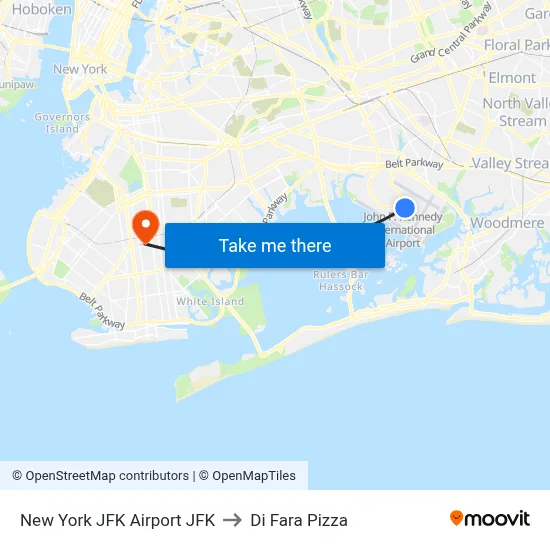 New York JFK Airport JFK to Di Fara Pizza map