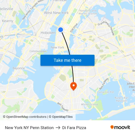 New York NY Penn Station to Di Fara Pizza map