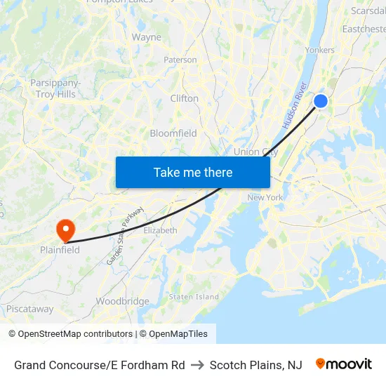 Grand Concourse/E Fordham Rd to Scotch Plains, NJ map