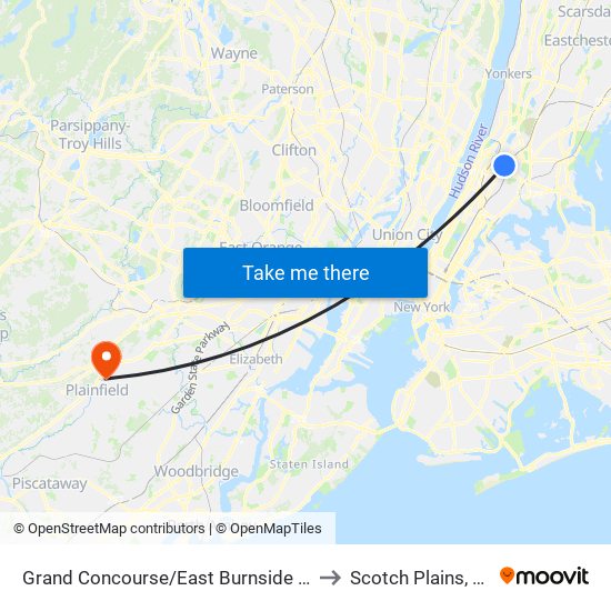 Grand Concourse/East Burnside Av to Scotch Plains, NJ map