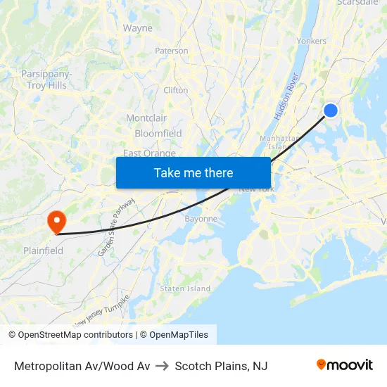 Metropolitan Av/Wood Av to Scotch Plains, NJ map