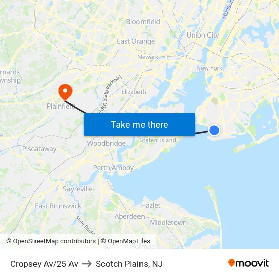 Cropsey Av/25 Av to Scotch Plains, NJ map