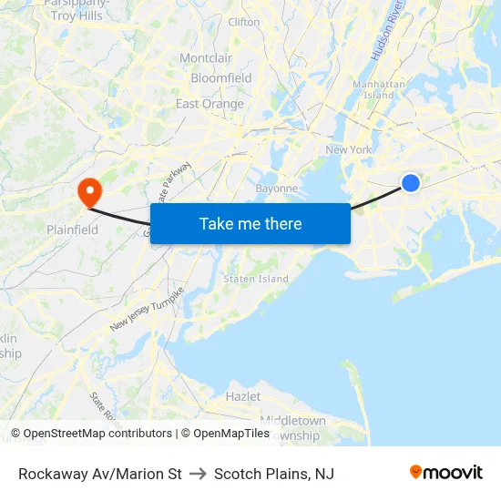 Rockaway Av/Marion St to Scotch Plains, NJ map