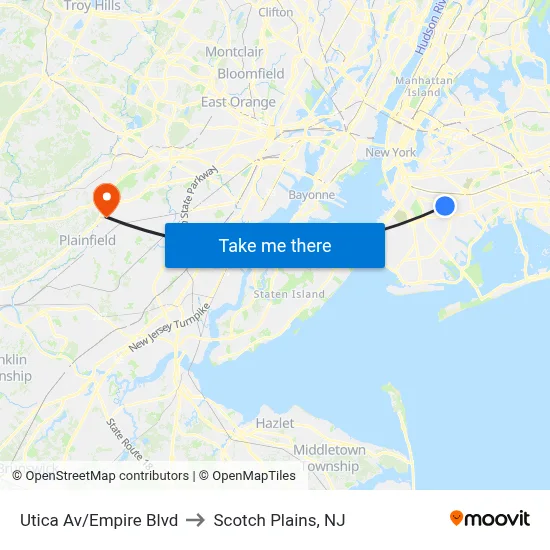 Utica Av/Empire Blvd to Scotch Plains, NJ map
