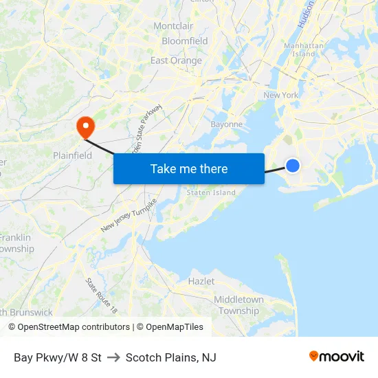 Bay Pkwy/W 8 St to Scotch Plains, NJ map