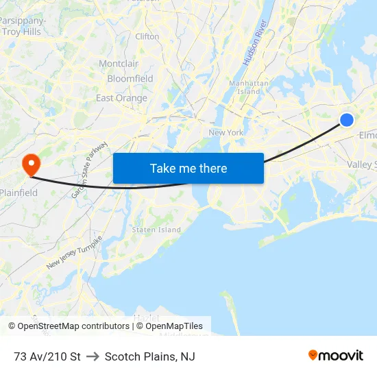 73 Av/210 St to Scotch Plains, NJ map
