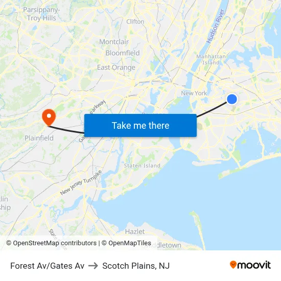 Forest Av/Gates Av to Scotch Plains, NJ map