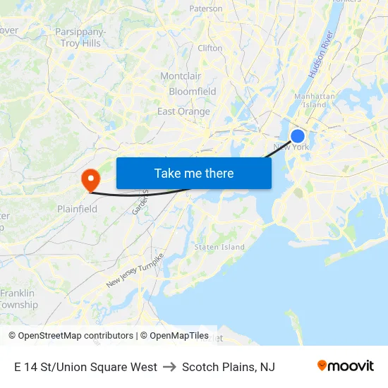 E 14 St/Union Square West to Scotch Plains, NJ map