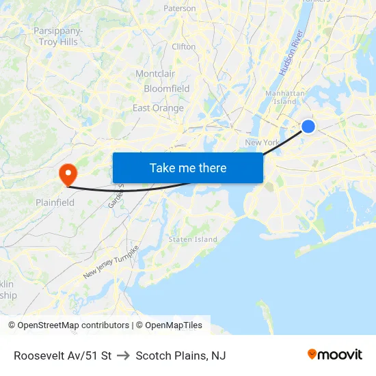 Roosevelt Av/51 St to Scotch Plains, NJ map