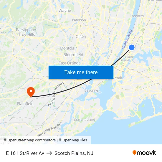 E 161 St/River Av to Scotch Plains, NJ map