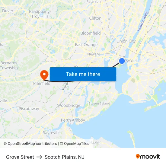 Grove Street to Scotch Plains, NJ map