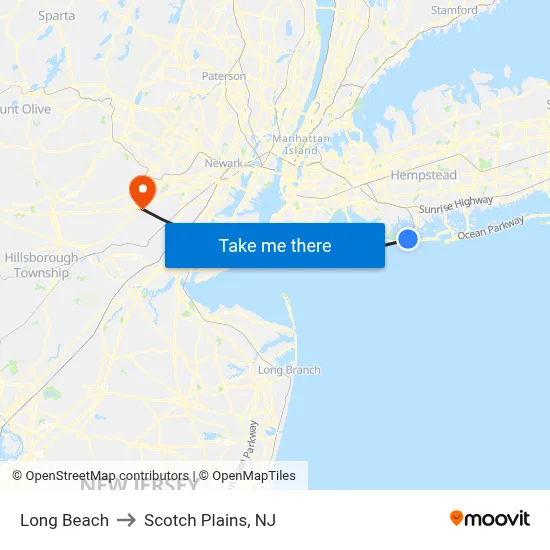 Long Beach to Scotch Plains, NJ map