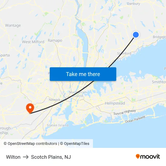 Wilton to Scotch Plains, NJ map