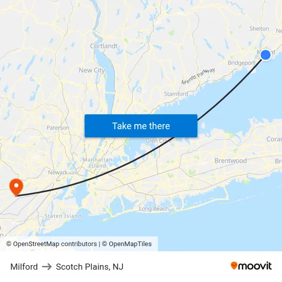 Milford to Scotch Plains, NJ map