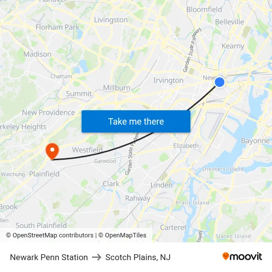 Newark Penn Station to Scotch Plains, NJ map
