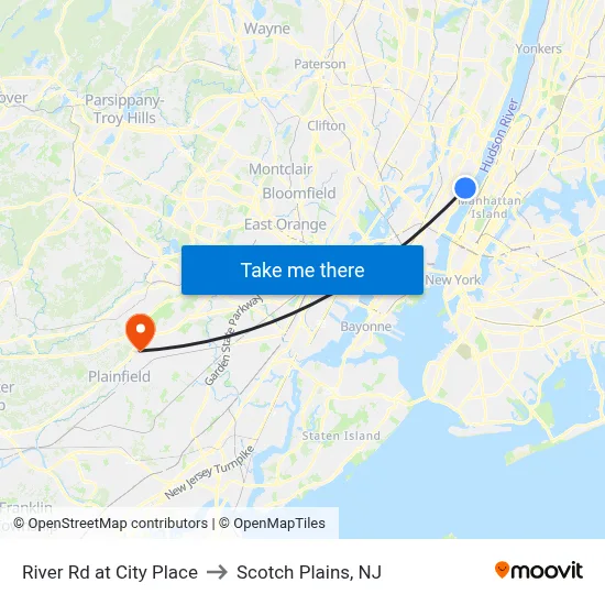 River Rd at City Place to Scotch Plains, NJ map