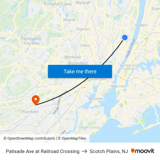 Palisade Ave at Railroad Crossing to Scotch Plains, NJ map